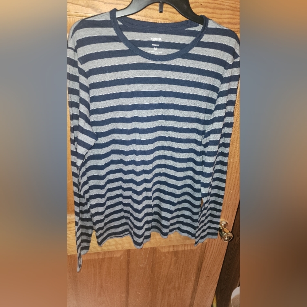 New Without Tags Sonoma Sleepwear Shirt Mens Blue Gray Stripe Long Sleeve Cotton